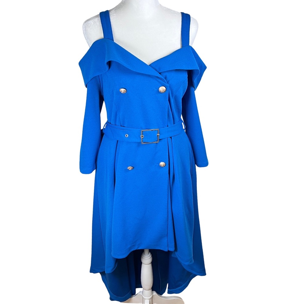 Venus Royal Blue Off Shoulder High Low Belted‎ Dress Silver Buttons Size 6